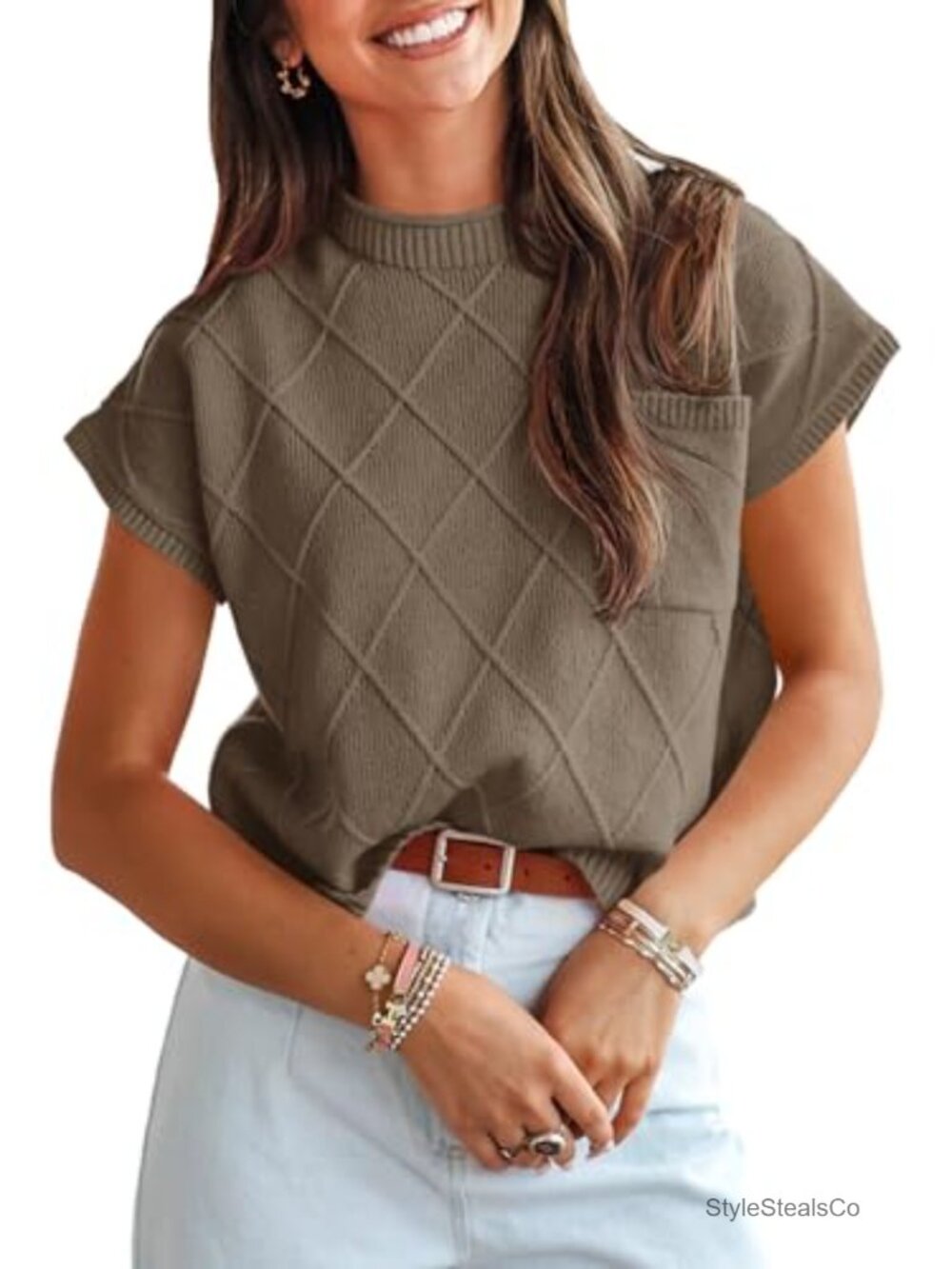 Women's Mock Neck Short Sleeve Knit Pullover Sweater Top Textured Loose Casual